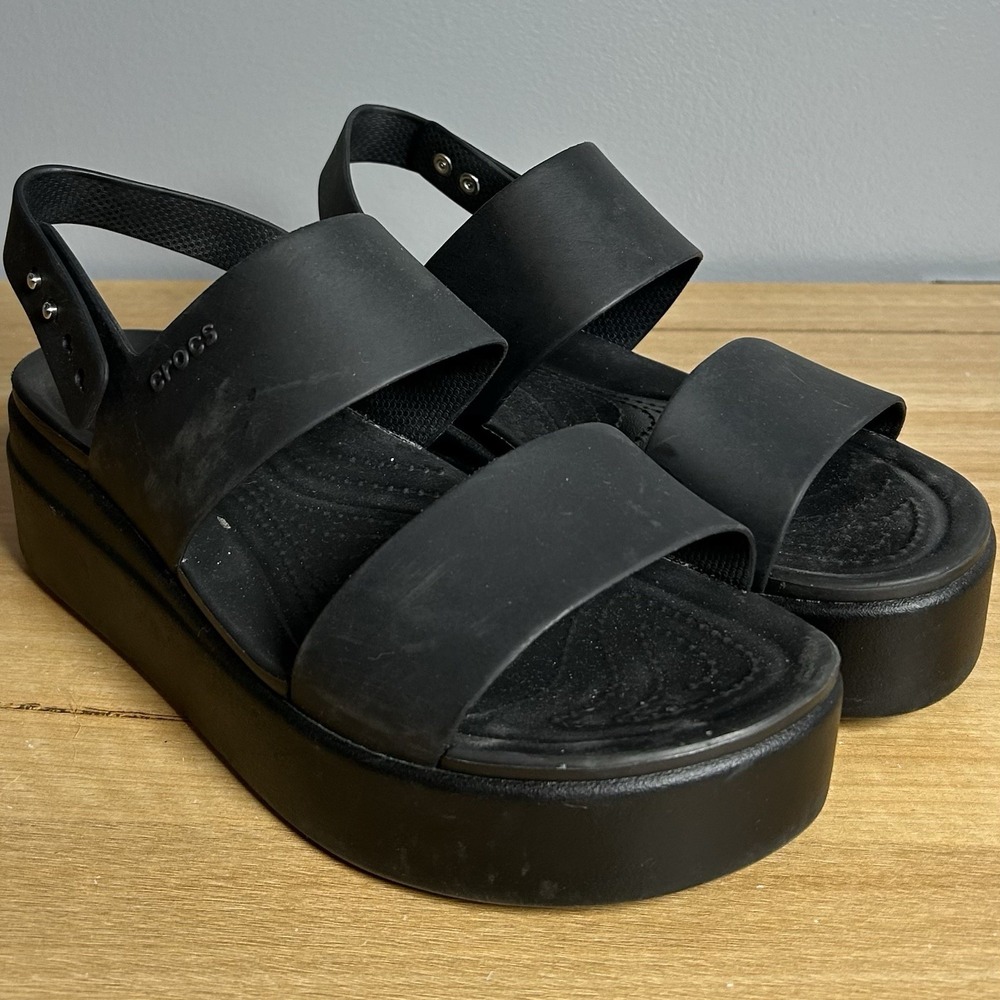 Croc Black Brooklyn Comfortable Two Strap Pushpin Ankle Strap Low Wedge Sandals